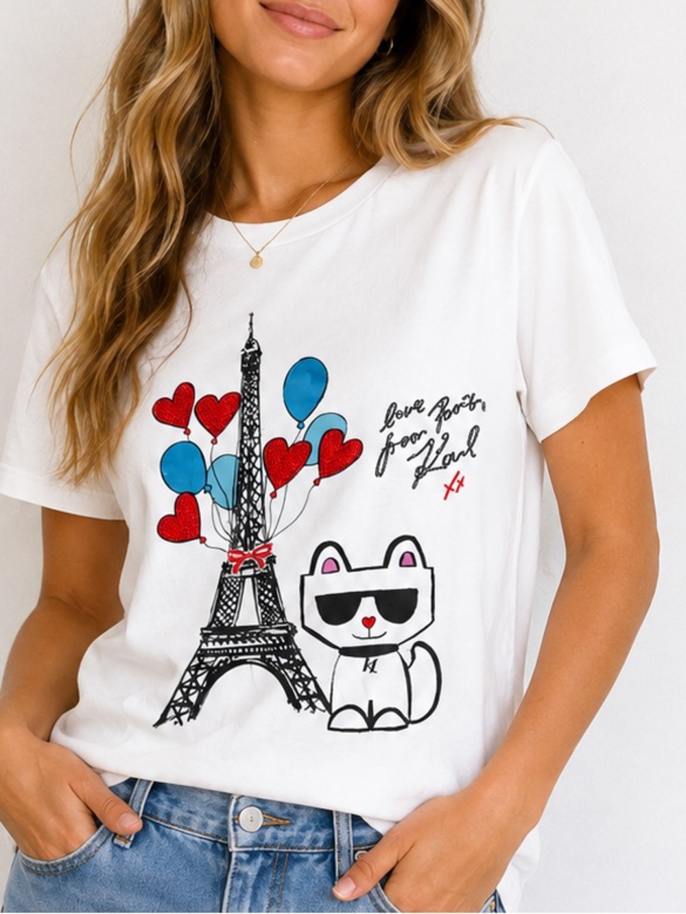 067.NEW Karl Lagerfeld Cat Graphic Tee with Red & Blue Accents